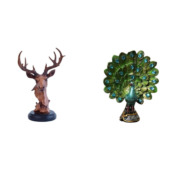 2 Pack Animal Figurine Deer Head Sculpture Peacock Statue Resin Material Decorative Accent for Bookshelf Office Home