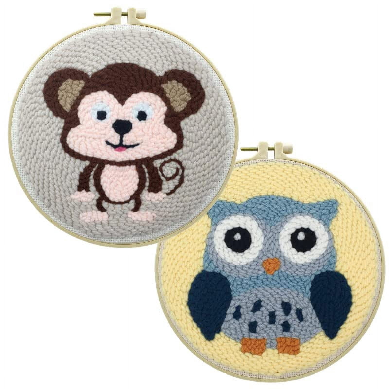 2 Pack Animal Owl Monkey Easy Punch Needle Embroidery Starter Kits for Kids and Adults Beginners with Punch Needle Tool,Threader, Stamped Fabric Embroidery,Hoop,Pen, Punch Needle Kits