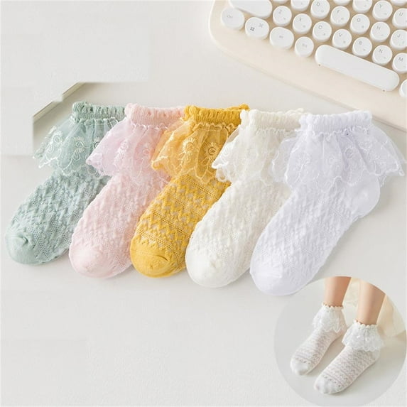 2 Pack Ankle Socks for Toddlers Girls Size 1-13 Cute Teens Kids Cotton Lace Ruffle Solid Color Stretchy Soft Lightweight Dancing Crew Sock
