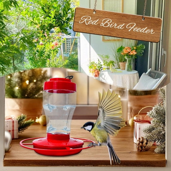 Plastic Hummingbird Feeder with Ant Guard, 5 Flower Ports, Leak-Proof Red Nectar Feeder for Outdoor Hanging, 13.5oz Capacity