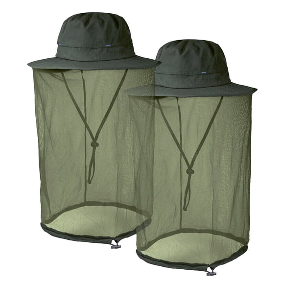 [2 Pack] Anti-Mosquito Mask Hat Net Mesh Head Face Protector, IC ICLOVER Insect Bee Mosquito Bug Resistance Sunhat Safari Hat Without UV Protection for Travel Camping Pasture, Green