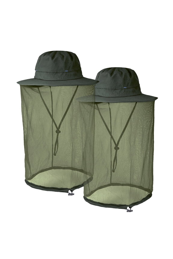 [2 Pack] Anti-Mosquito Mask Hat Net Mesh Head Face Protector, IC ICLOVER Insect Bee Mosquito Bug Resistance Sunhat Safari Hat Without UV Protection for Travel Camping Pasture, Green