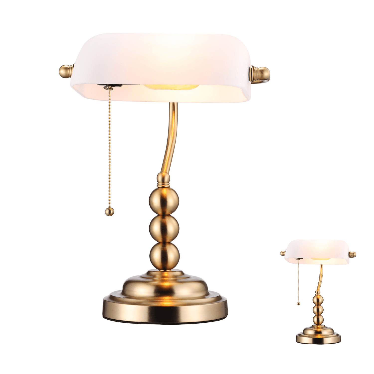 2 Pack Antique Bankers Desk Lamp, Ivory White Glass Table Lamps, E26 Base Traditional Lamp with Pull Chain, Library Lamps for Home Office