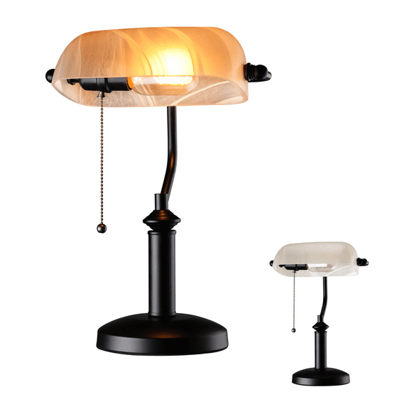 2 Pack Antique Bankers Desk Lamp, Yellow Frosted Glass Table Lamps with Uniquely Textured, E26 Base Traditional Lamp with Pull Chain, Library Lamps for Home Office