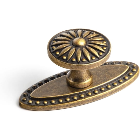 2 Pack Antique Brass Sunburst Cabinet Knobs with Beaded Oval Backplate - Ornate Floral Design with Distressed Finish for Kitchen Drawers, Doors