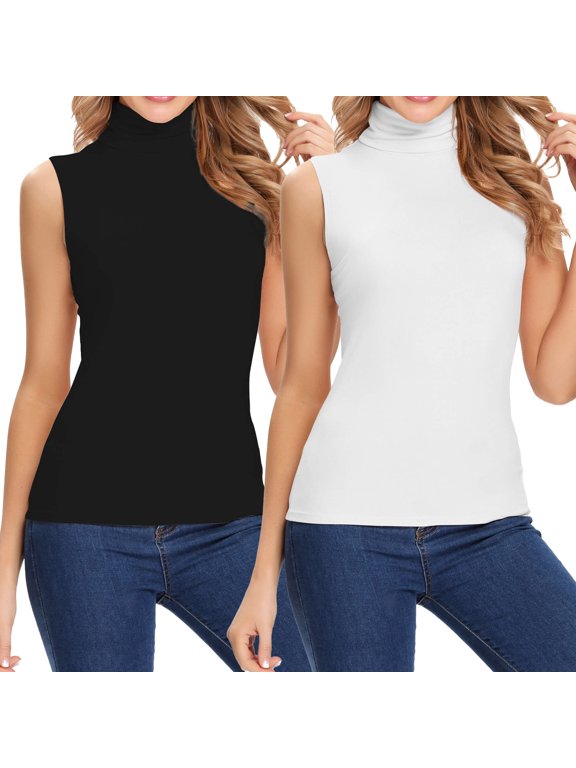 2 Pack ANYFIT WEAR Womens Mock Turtleneck Tank Top Sleeveless SLim Fit Top Basic Solid Layer Shirt