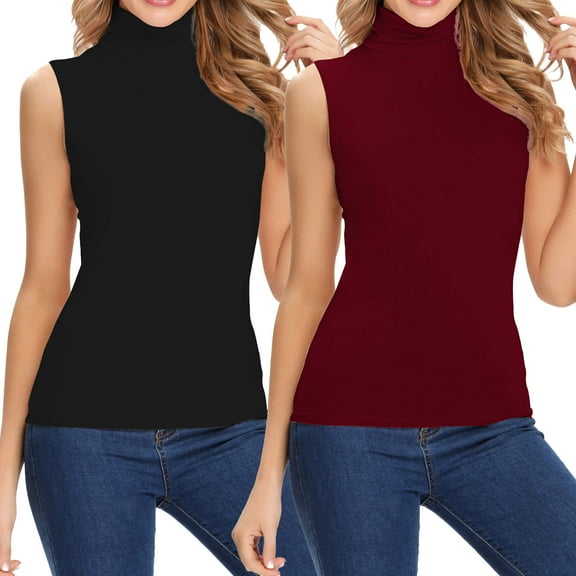 2 Pack ANYFIT WEAR Womens Mock Turtleneck Tank Top Sleeveless SLim Fit Top Basic Solid Layer Shirt
