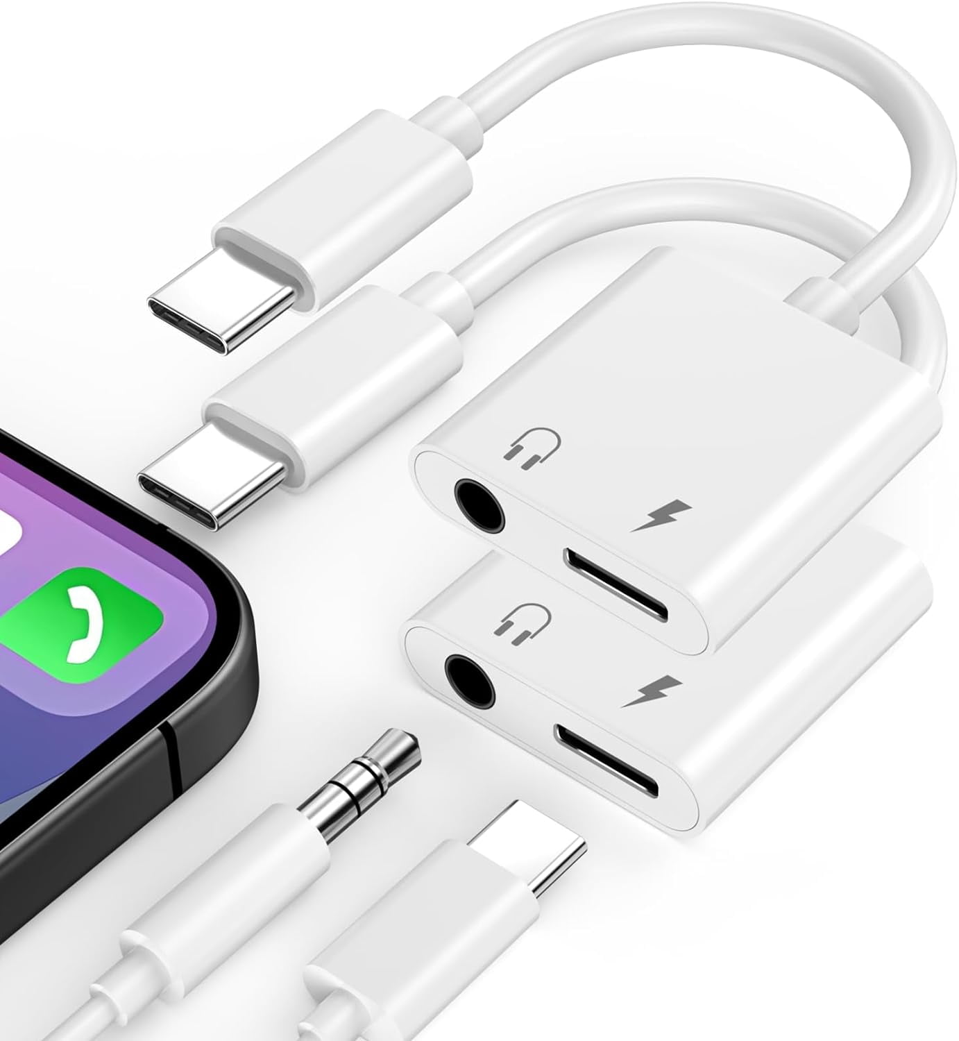 2 Pack Apple MFi Certified iPhone 15 Headphone Adapter Splitter USB Type C to 3.5 mm Aux Audio Adapter with PD 60W Fast Charging for iPhone 15 15