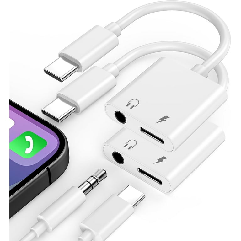 2 Pack Apple MFi Certified iPhone 15 Headphone Adapter Splitter USB Type C to 3.5 mm Aux Audio Adapter with PD 60W Fast Charging for iPhone 15 15