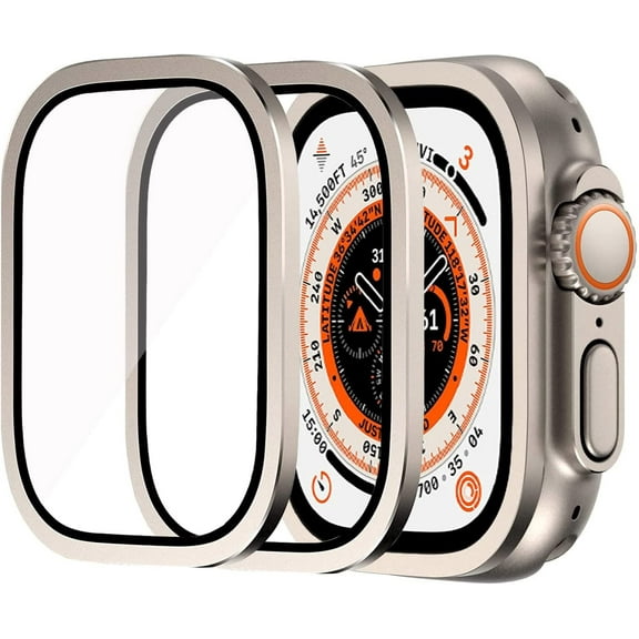 2 Pack Apple Watch Ultra 49mm Tempered Glass Screen Protector with Titanium Alloy Case, Full Coverage Bubble Free Anti-Scratch Waterproof HD Film for iwatch Ultra