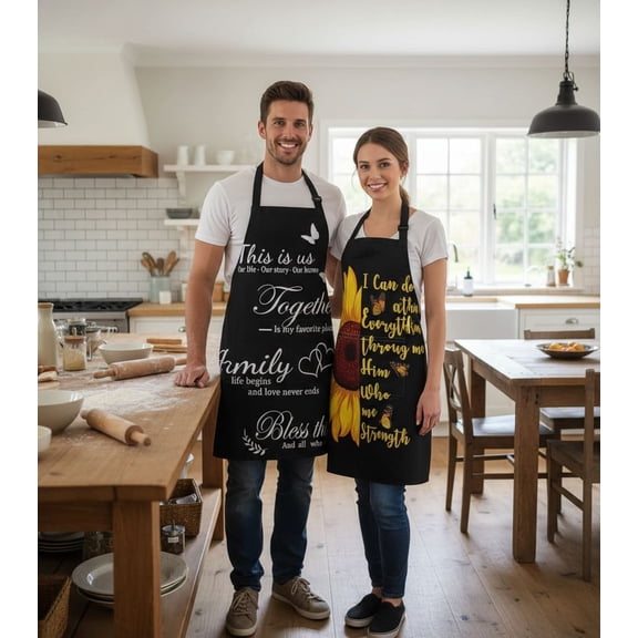 2 Pack Aprons, Sunflower Butterfly Adjustable Bib Aprons with 2 Pockets for Women Men Couple Lovers Chef Home Kitchen Cooking Baking Gardening Black Yellow Apron 32x28 Inches