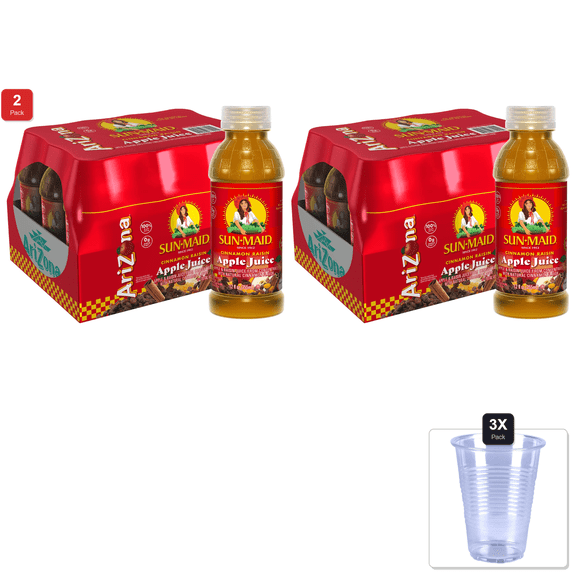 2 Pack | Arizona Cinnamon Raisin Apple Juice, Made With Sun-Maid Raisin Juice, 100% Fruit Juice And Natural Flavors With No Added Sugar - 12 Fl Oz (Pack Of 12) & 3x Disposable Cup
