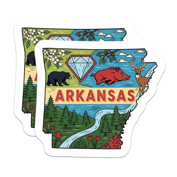 (2 Pack) Arkansas State Stickers - Razorback Bear - Diamond State Illustration - 5" On Longest Side - Sticks to Smooth Flat Surfaces - Made in USA - BMCS14059