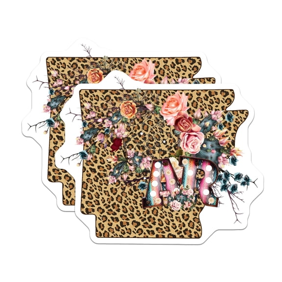 (2 Pack) Arkansas Stickers - Leopard Floral State Pride - Southwest Marquee Design - 5" On Longest Side - Sticks to Smooth Flat Surfaces - Made in USA - BMCS17409