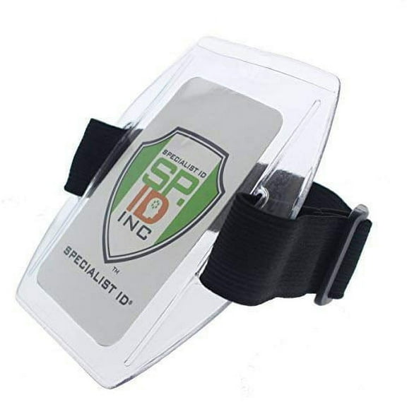 2 Pack - Armband Badge Holder with Black Adjustable Elastic Arm Band & Hook and Loop Fastener - Secure, Clear Plastic Display of Work I'd Card, Ski Pass, Lift Ticket & More by Specialist ID