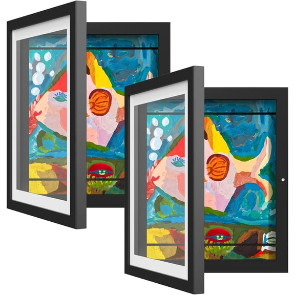 2 Pack Art Frame, Artwork Frames Changeable 8 x10.5 with Mat and 9 x12 Without Mat, Black Front Opening Picture Storage Frame for Wall Holds 50 count Crafts, Drawing, Art Projects