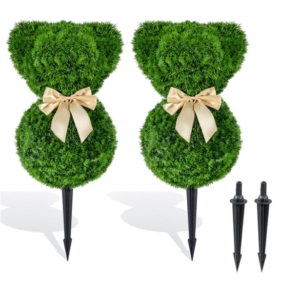2 Pack Artificial Bear Topiary Trees Green Golden Bows Spring Decor