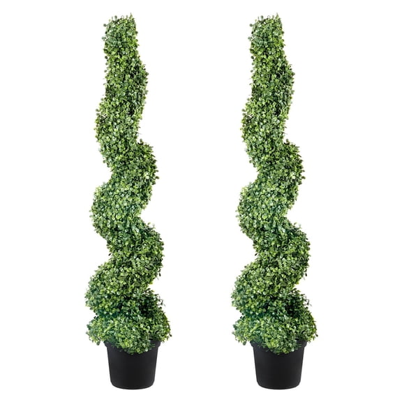 2-Pack Artificial Boxwood Spiral Topiary Trees, 122cm Tall Green PE Plastic Plants with Iron Frame & 10 Extra Leaves