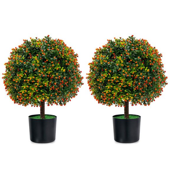 2 Pack Artificial Boxwood Topiary Ball Tree with Orange Fruit