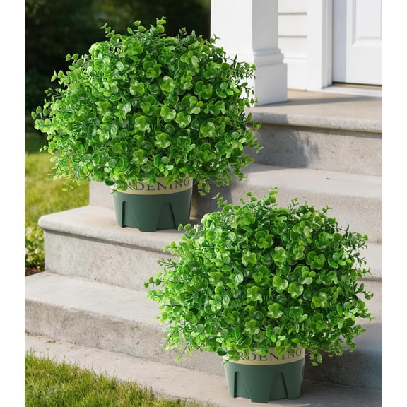 2 Pack Artificial Boxwood Topiary Trees, UV-Resistant Faux Realistic Greenery Potted Bushes with Pots for Front Door, Porch, Farmhouse, Garden Decor