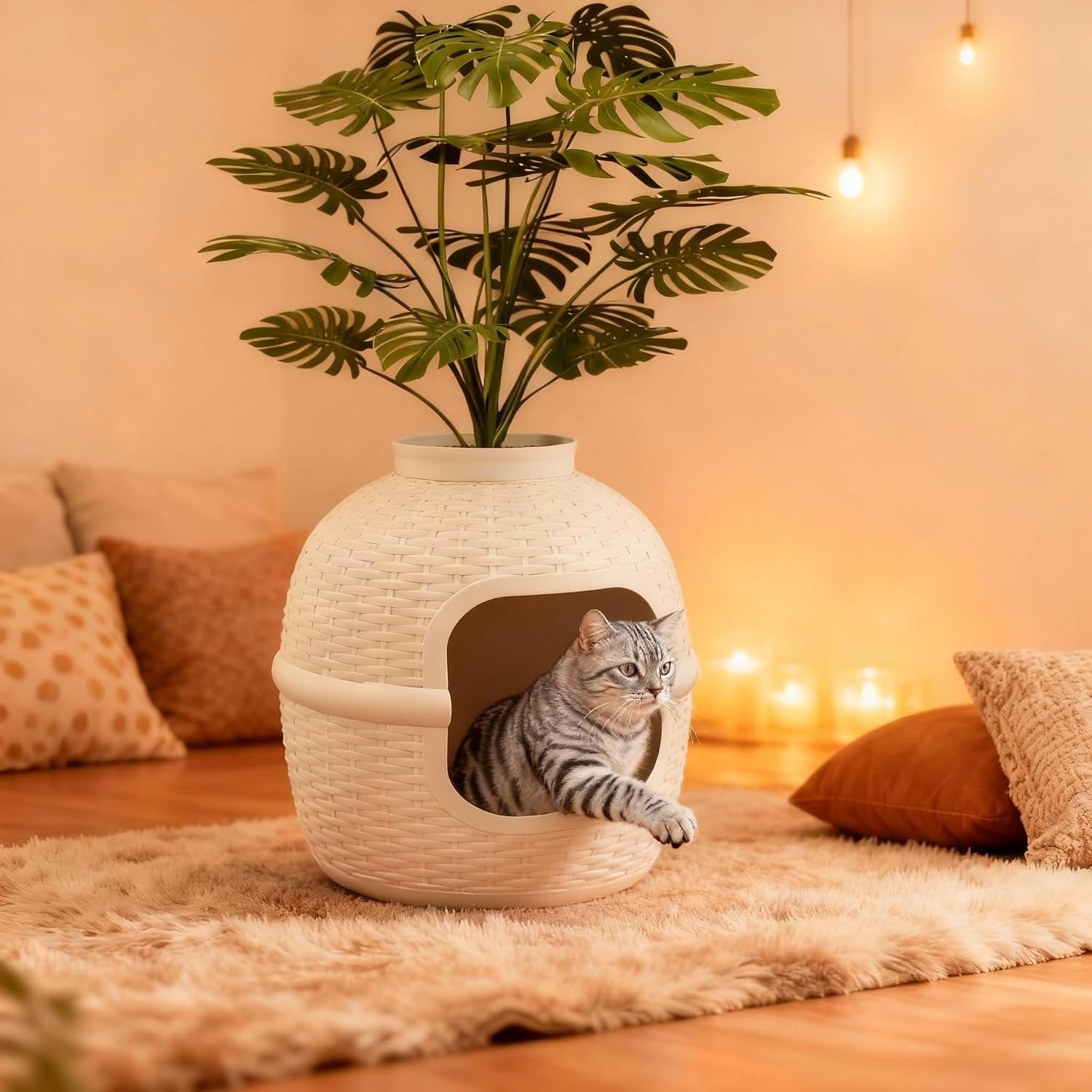 Rattan Cat Litter Box Enclosure 18x18x20 Inch Off-White Covered Litter Box Furniture Heavy Duty PP Natural Stones
