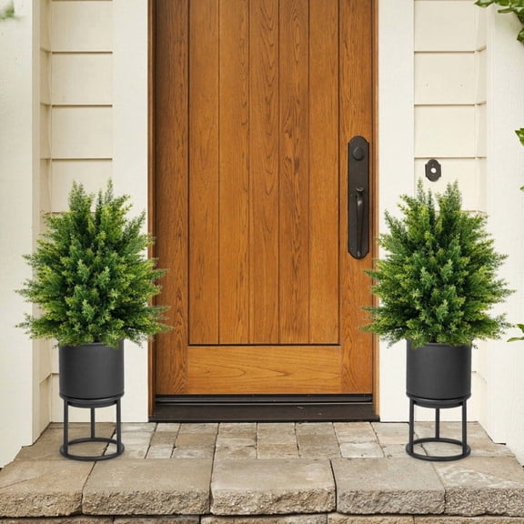 2-Pack Artificial Cedar Topiary Ball Trees, 21.5 Inch Faux Potted Shrub Plants with PE PVC Leaves, Realistic Trunk, Cement Pot, No-Maintenance Indoor Outdoor Decor for Porch Office Home