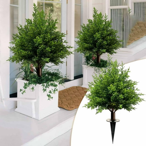2 Pack Artificial Cedar Topiary Ball Trees - 23.6Resistant Evergreen Shrubs with Ground Spikes, Cypress for Outdoor/Indoor Garden & Porch Decor