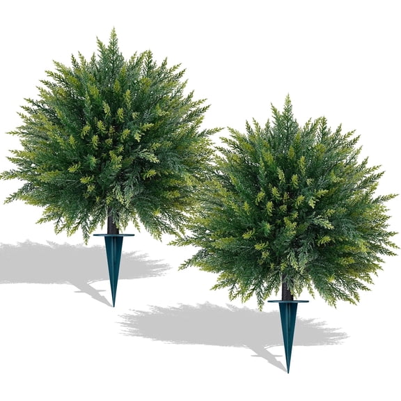 2 Pack Artificial Cedar Topiary Trees with Ground Spike UV Resistant Faux Evergreen Cypress for Indoor Outdoor Use