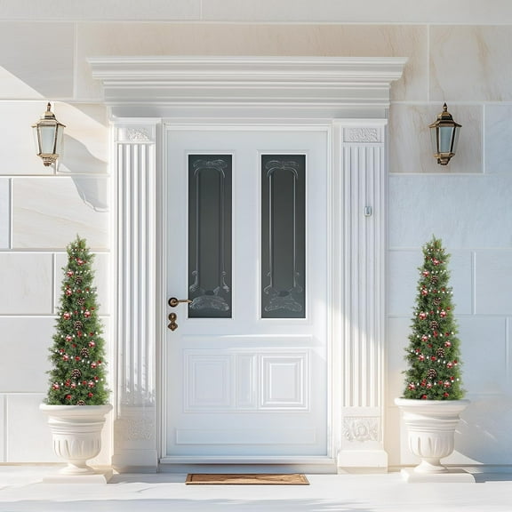 2 Pack Artificial Cedar Tree,Artificial Topiary Cedar Plants Fake Tree UV Rated Potted Tree for Outdoor Garden Decoration,Perfect Housewarming Gift