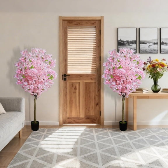 2 Pack Artificial Cherry  Tree, 4FT Faux Cherry  Plant in Pot with Pink Flowers, Artificial Silk Plants for Indoor Outdoor Decor, Front, Living Room, Office,