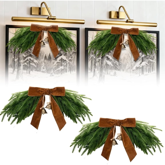 2 Pack Artificial Christmas Mirror Swag with Velvet Bow & Bells, 19.7×9.8in Norfolk Pine Imitation Garland for Picture Light, Mailbox, Front Door, Wall & Home Holiday Decor