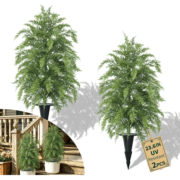 2 Pack Artificial Cypress Topiary Ball Trees with Ground Spike, 23.6" Mixed Norfolk Pine UV Resistant, Garden Patio