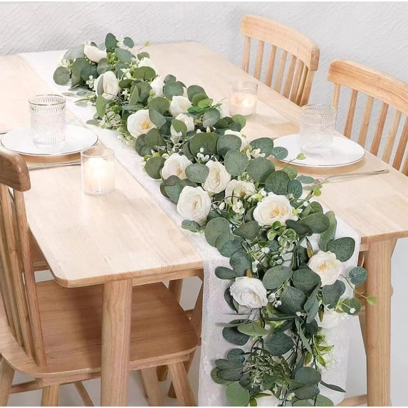 2 Pack Artificial Eucalyptus Flower Garland with White Roses, 6FT Fake Rose Flower Greenery Garland Floral Vines for Wedding Home Party Table Runner Decor