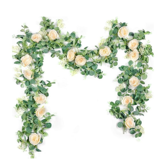 2 Pack Artificial Eucalyptus Leaves Camellia Flower Garland Greenery for Wedding Table, Backdrope, Party Centerpiece Room Decor (Champagne)