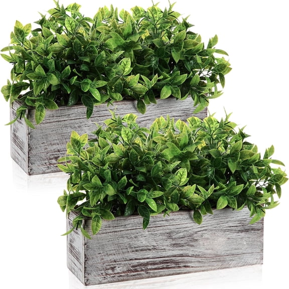 2 Pack Artificial Eucalyptus Plants in Rectangular Rustic Wooden Planter Box Faux Potted Herb Plant Greenery Centerpiece for Cabinet Windowsill Table Shelf Wedding Farmhouse Decor (White,11.4'')