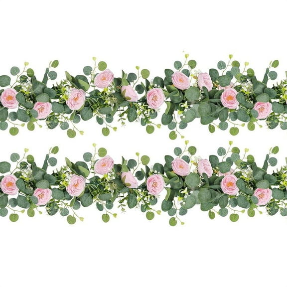 2 Pack Artificial Eucalyptus Vine with Faux Rose,6Ft Fake Peony Greenery Floral Vines,Pink Eucalyptus Flower Garland,Decorative Hanging Plant for Wedding Home Party Table Runner Decor (Pink)