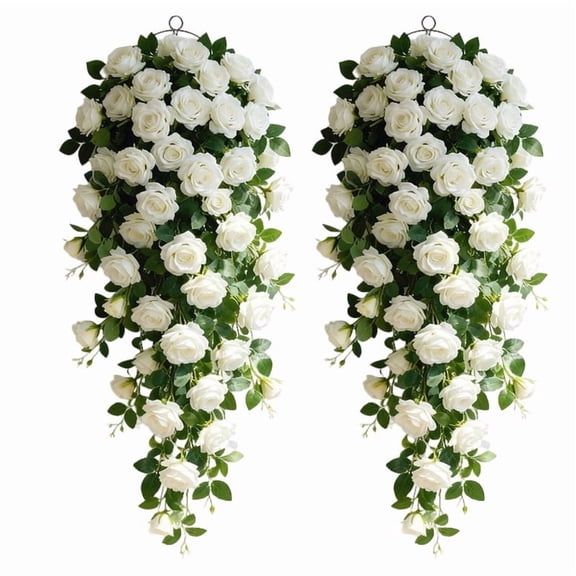 2 Pack Artificial Fake Hanging Rose Vines, Fake Silk White Rose Flowers Hanging Floral Decor for Wedding Arch, Wall, Ceremony, Party, Indoor Outdoor Home Garden Hanging Ornament Decoration