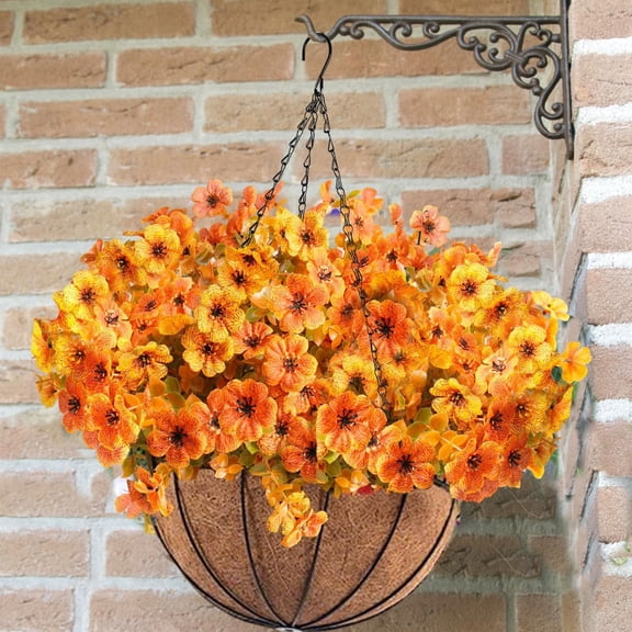 2 Pack Artificial Fall Mums Hanging Basket -  Resistant Fake Hanging Plants with Realistic Silk Mums & Eucalyptus, Coconut Lining Baskets for Home Porch Balcony  Yard (Orange)