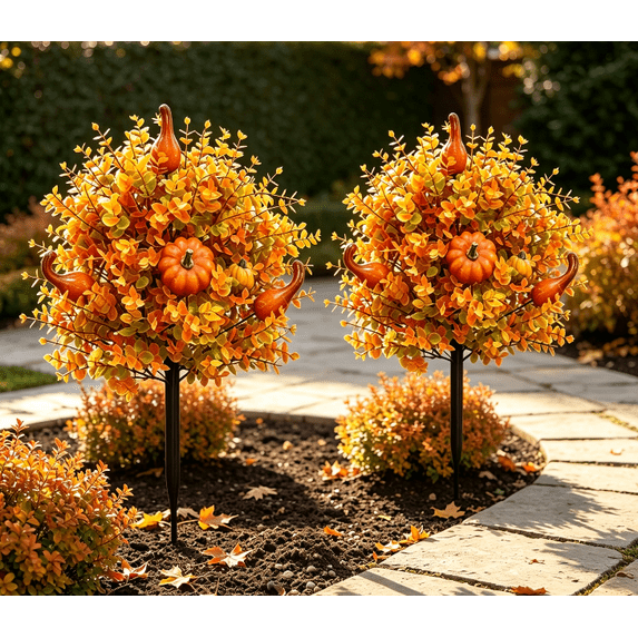 2 Pack Artificial Fall Pumpkin Topiary Tree, 22 Inch Outdoor Fall Decorations for Home Porch Garden Pathway, Halloween Decor Faux Autumn Plant Stakes Indoor Outdoor Use