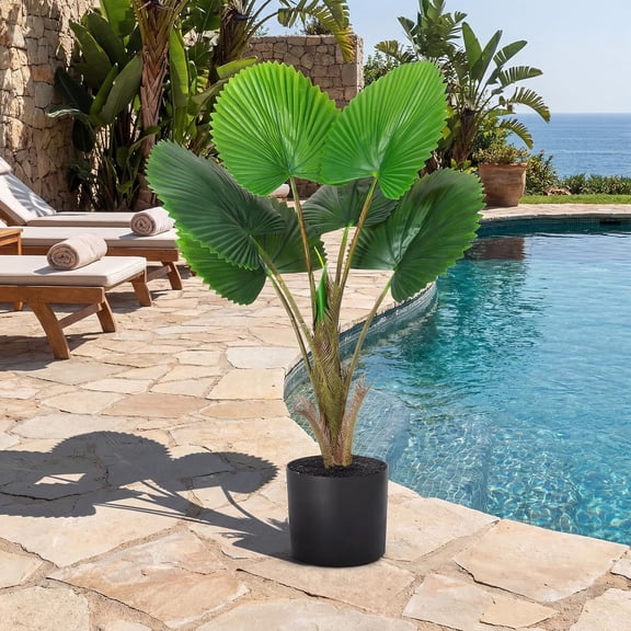 2 Pack Artificial Fan Palm Tree 2.36 ft Tall Fake Tree Round Leaf Fake Palm Plant with Planter, Faux Tropical Areca Floor Plant, Artificial Silk Plants for Indoor Outdoor Home Office Decor