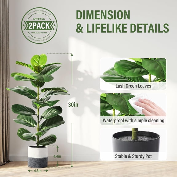 2 Pack Artificial Fiddle Leaf Fig Tree, 30" Ficus Lyrata Fake Plants with Pots, Floor Plant Outdoor Faux Plants for Living Room, Corner, Office, Patio, Windowsill Decor