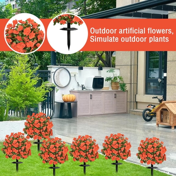 2-Pack Artificial Flower Ball Topiary Garden Stakes with Ground Nails, Faux Rose Bush Plants for Outdoor Front Porch, Patio, and Courtyard Decoration Accents Saffron