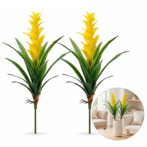 2 Pack Artificial Flowers for Outdoors, Artrylin 18" Fake Bromeliad Flowers, Real Touch Fake Plant Bromeliad Plant New House Gift for Indoor Outdoor Patio Garden Home Decor (Yellow)