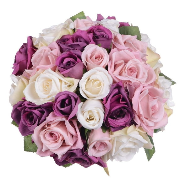 2 Pack Artificial Flowers Rose Bouquet Fake Flowers Silk Plastic Artificial Roses 18 Heads Bridal Wedding Bouquet for Home Garden Party Wedding Decoration (Purple)