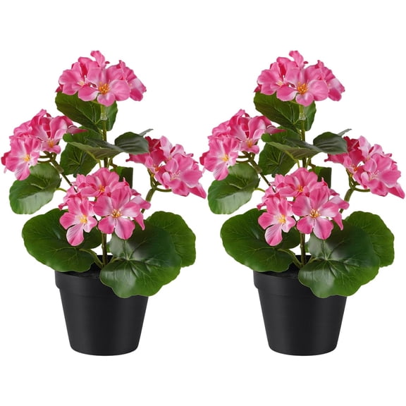 2 Pack Artificial Geranium Flowers in Pot Small 13 Inch Fake Plants Spring Summer Decoration Faux Flowers for Home Office Table Decorations Indoor (Pink)