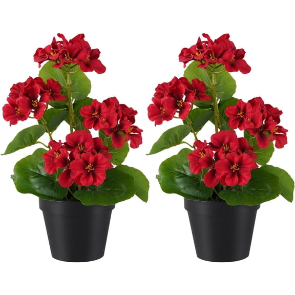 2 Pack Artificial Geranium Flowers in Pot Small 13 Inch Fake Plants Spring Summer Decoration Faux Flowers for Home Office Table Decorations Indoor (Red)