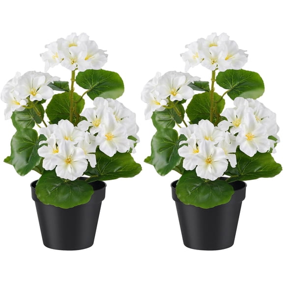 2 Pack Artificial Geranium Flowers in Pot Small 13 Inch Fake Plants Spring Summer Decoration Faux Flowers for Home Office Table Decorations Indoor (White)