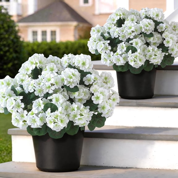 2 Pack Artificial Geranium Topiary Trees for Outdoors UV Resistant Potted Bushes Realistic Silk Faux Plants White