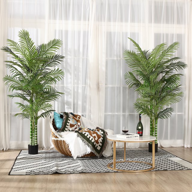 2 Pack 6ft Artificial Golden Cane Palm Trees in Pot for Indoor/Outdoor
