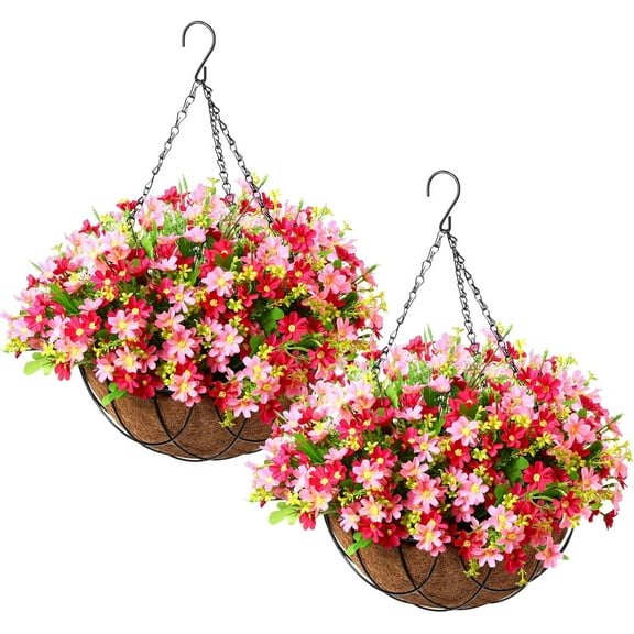 2 Pack Artificial Hanging Baskets with Flowers for Outdoors Fake Hanging Plants for Spring Summer Porch Home Decoration Artificial Daisy Flower Arrangement in Coconut Lining Baskets(Mix Color)